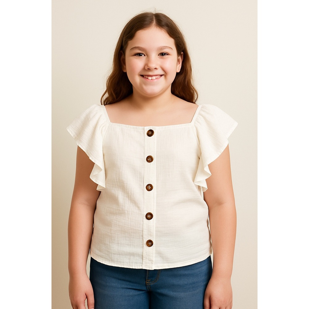 Ruffled Button-Down Top - Square Neck, Flutter Sleeve,‎ White, Size S